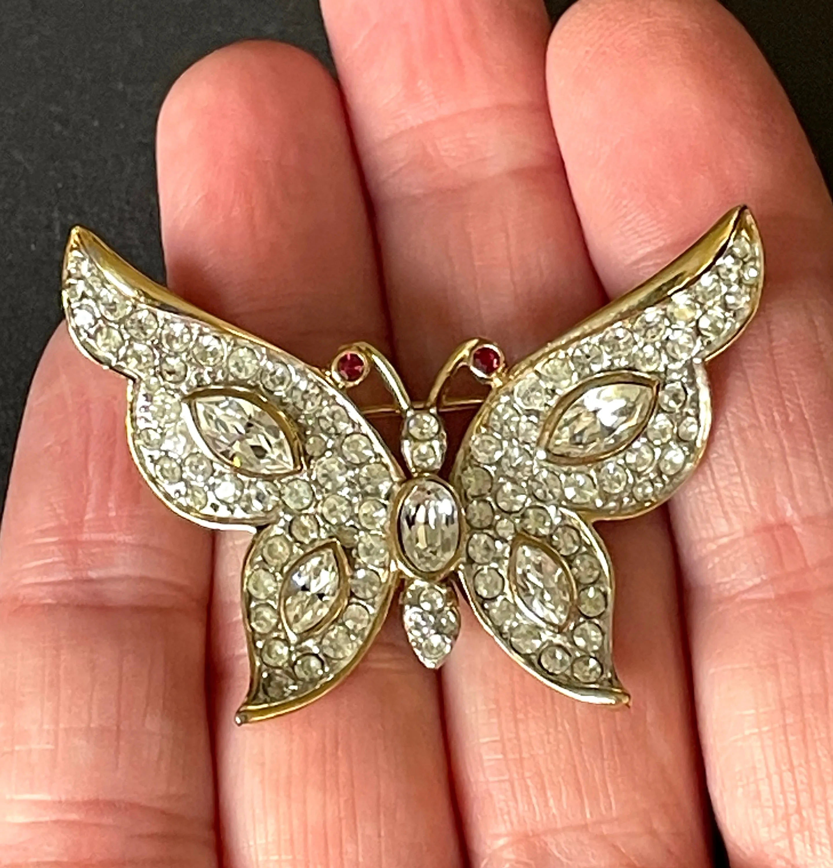 Vintage Attwood and Sawyer A&S signed ornate butterfly brooch, rhinestone encrusted and 22ct gold plated 1980s