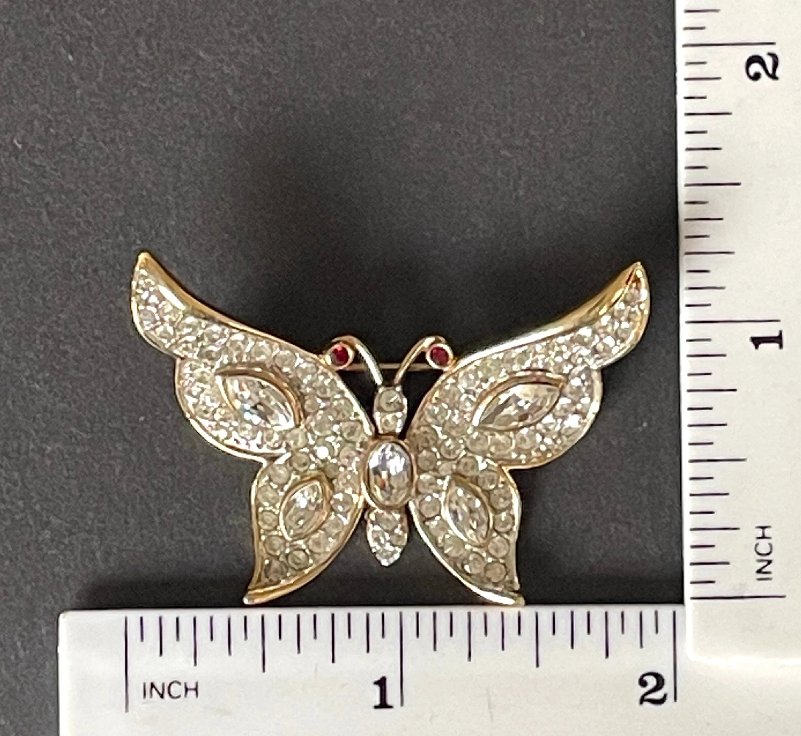 Vintage Attwood and Sawyer A&S signed ornate butterfly brooch, rhinestone encrusted and 22ct gold plated 1980s