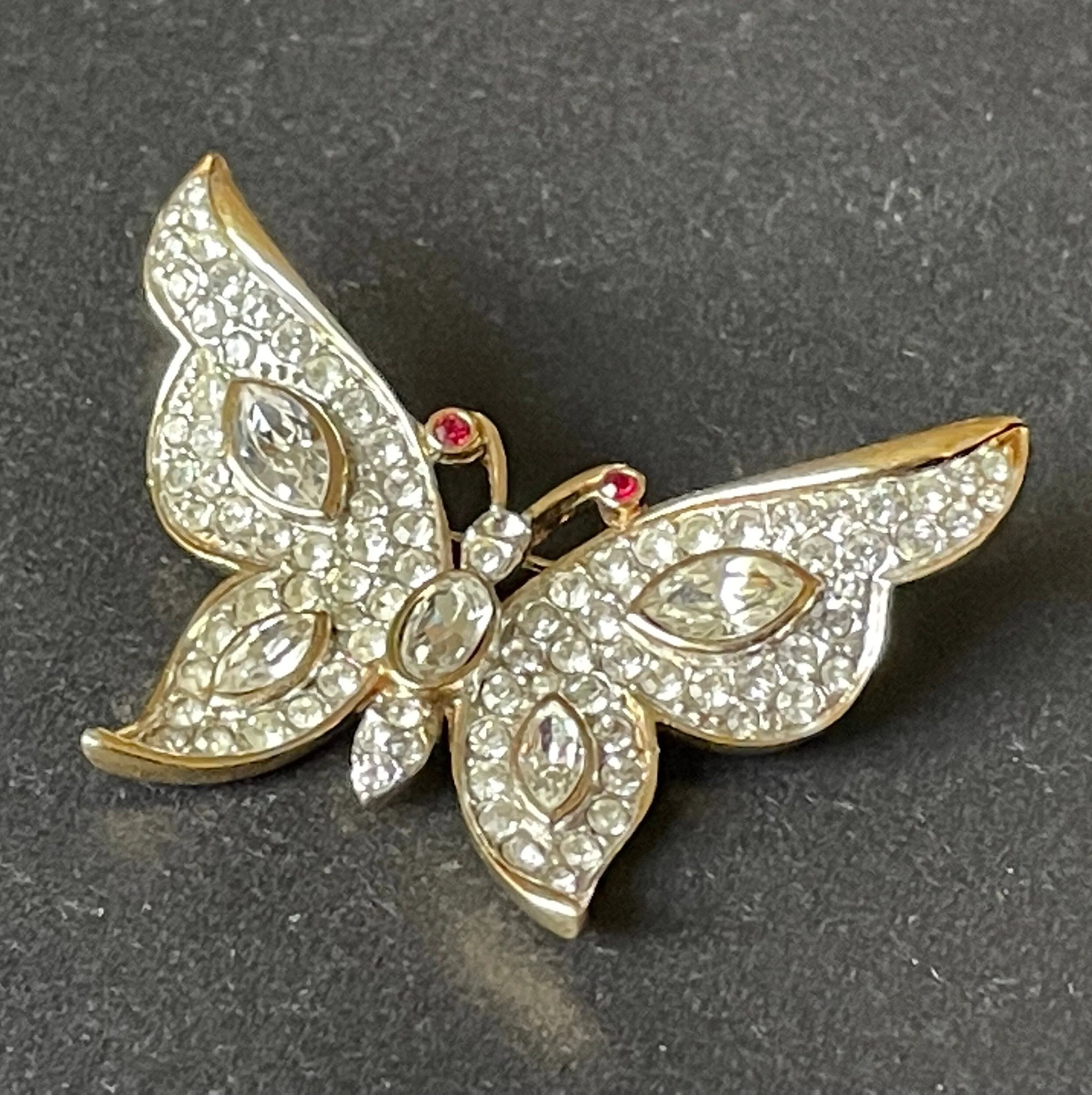 Vintage Attwood and Sawyer A&S signed ornate butterfly brooch, rhinestone encrusted and 22ct gold plated 1980s