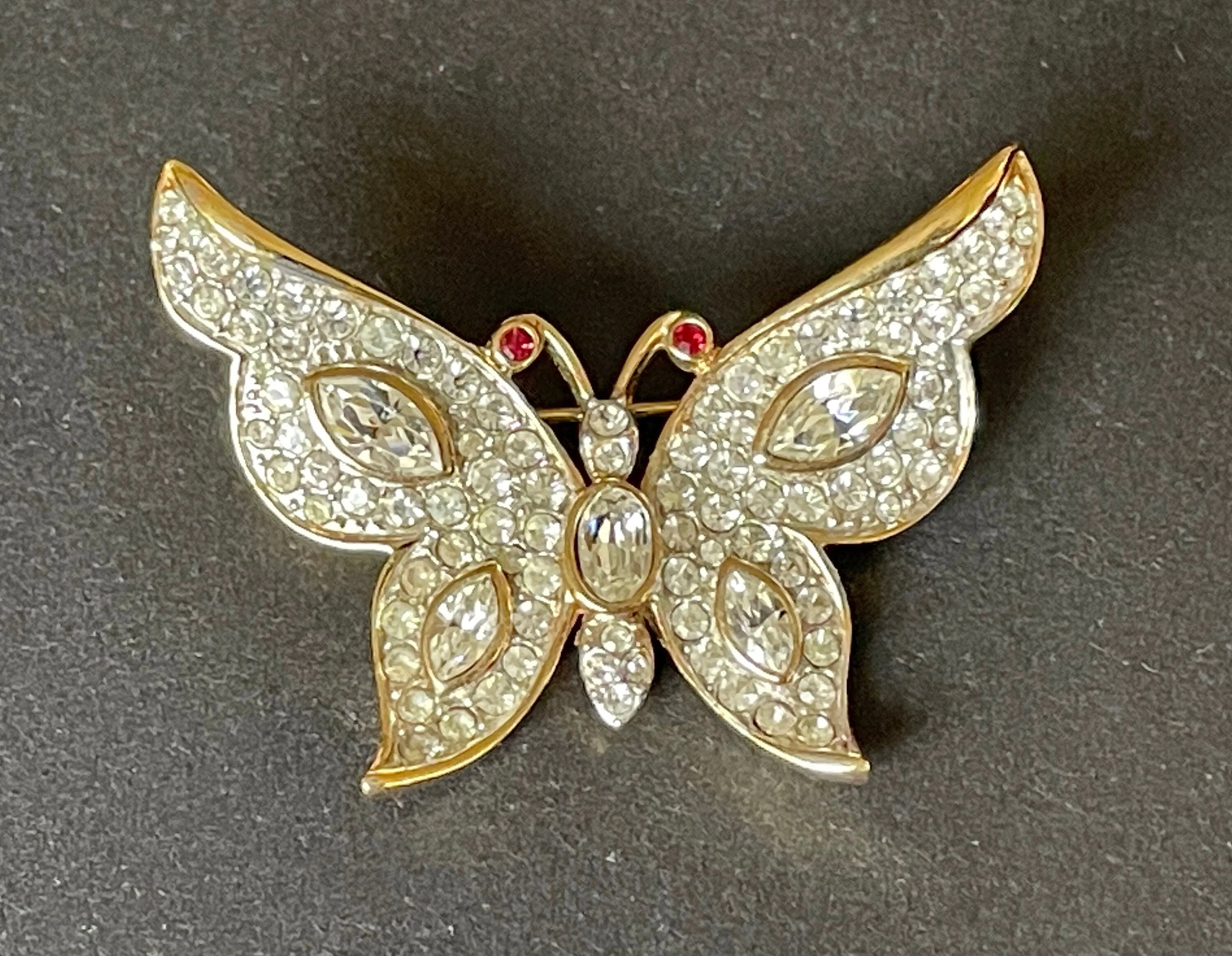 Vintage Attwood and Sawyer A&S signed ornate butterfly brooch, rhinestone encrusted and 22ct gold plated 1980s