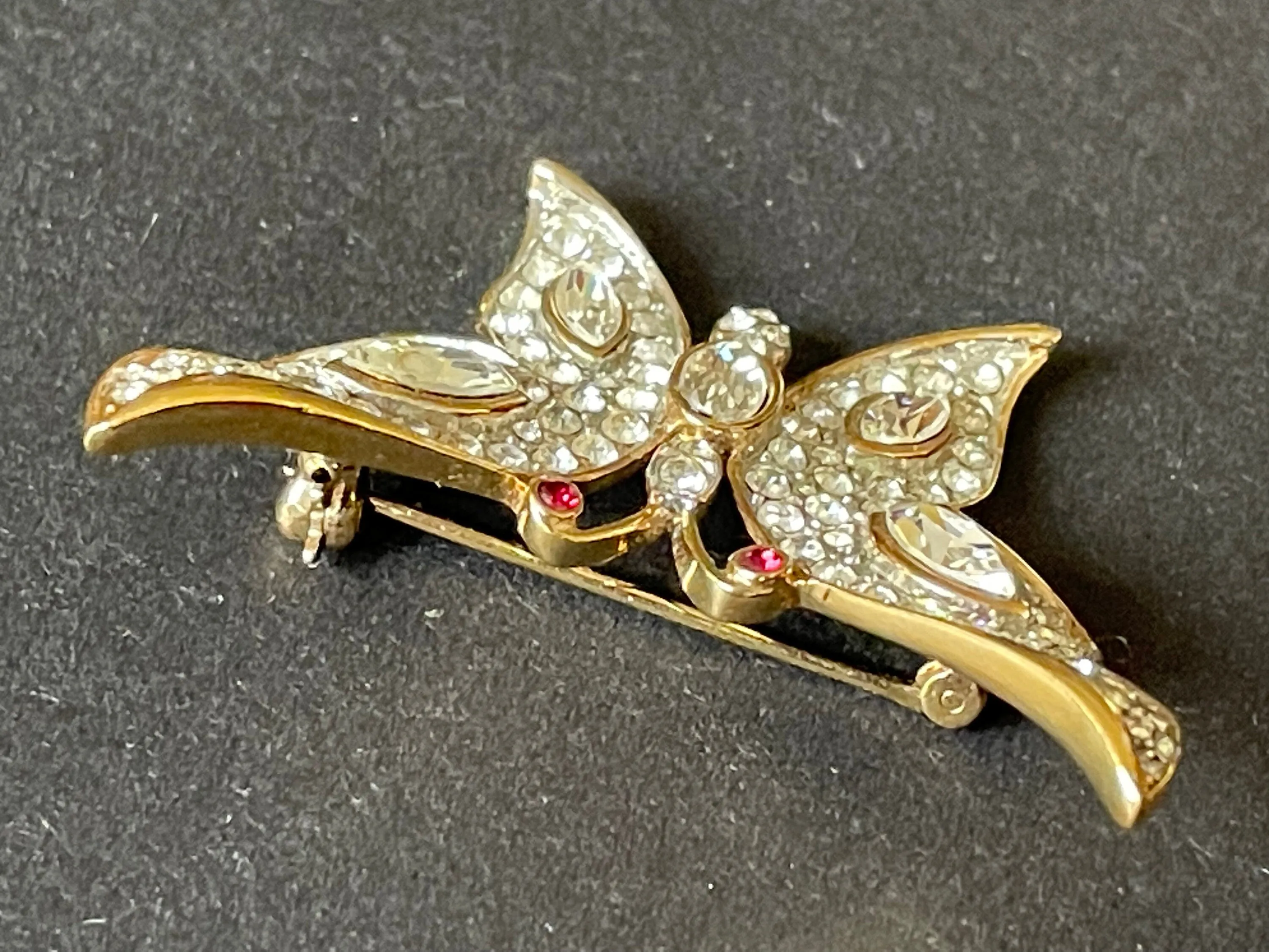 Vintage Attwood and Sawyer A&S signed ornate butterfly brooch, rhinestone encrusted and 22ct gold plated 1980s