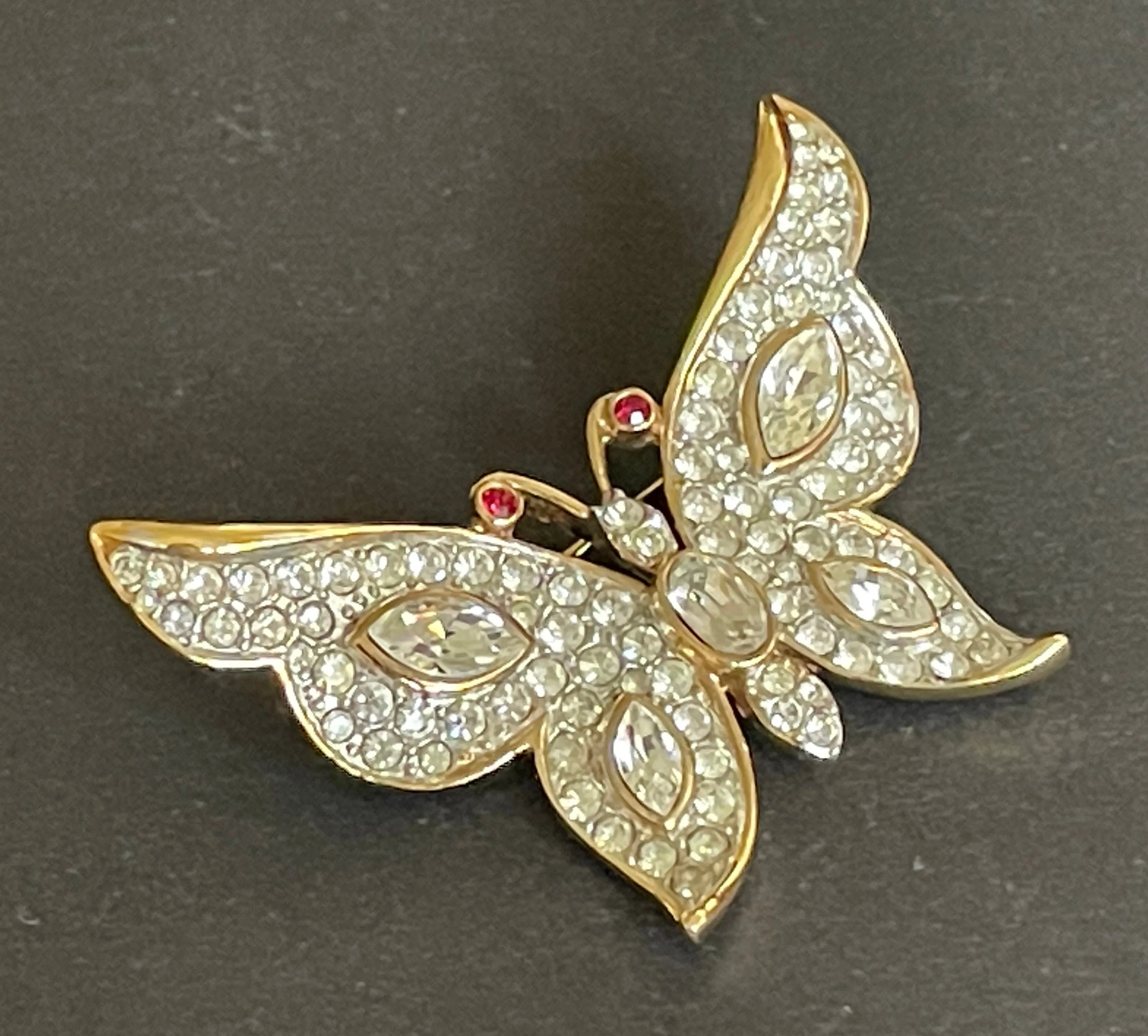 Vintage Attwood and Sawyer A&S signed ornate butterfly brooch, rhinestone encrusted and 22ct gold plated 1980s