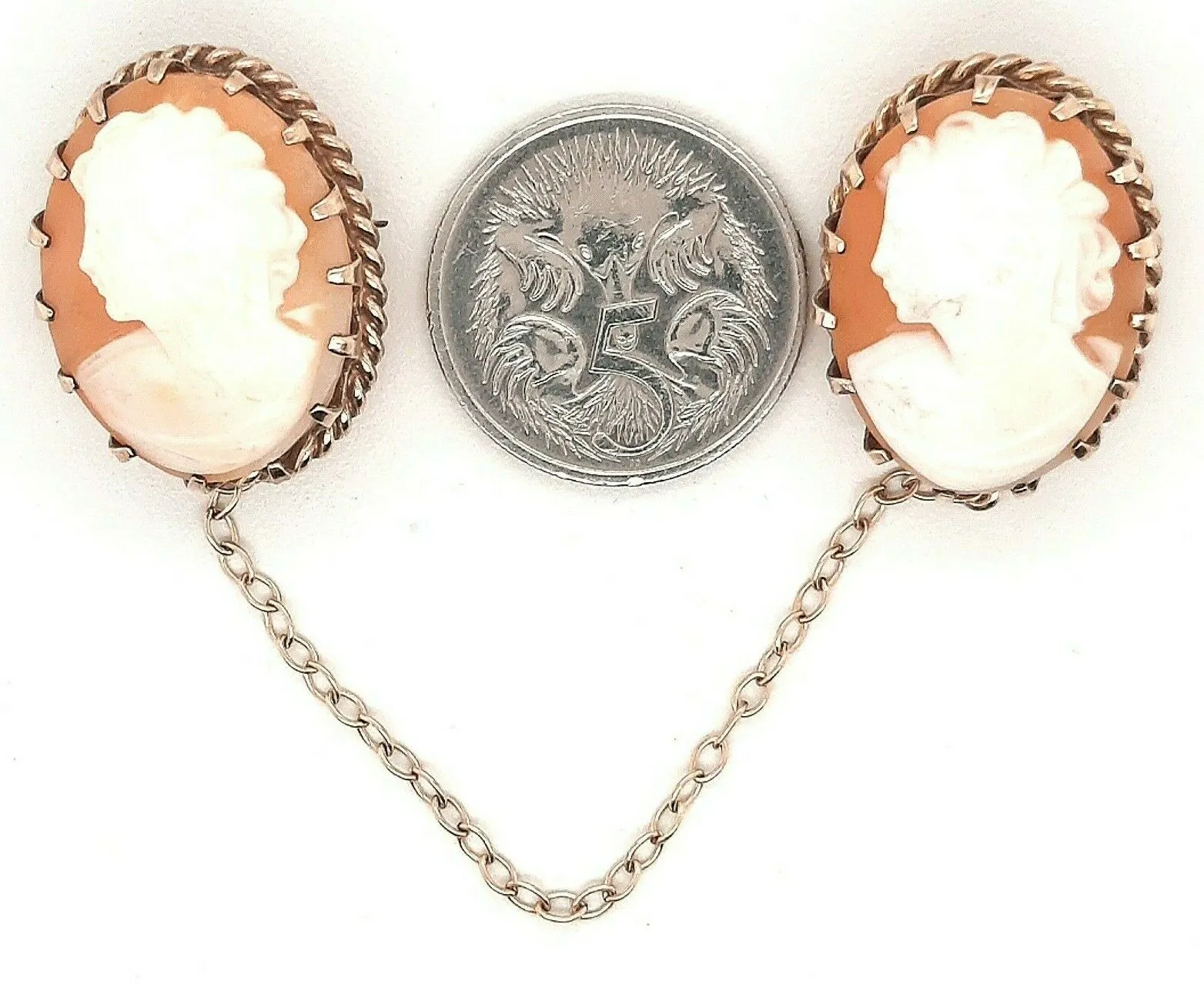 Vintage Double Shell Cameo Gold Plated Brooch Ornate Costume Jewellery