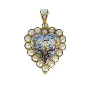 Vintage Enamel Billing Doves Heart Pendant