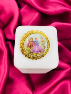 Vintage Painted Ceramic Round Brooch, Miniature Courtship Scene