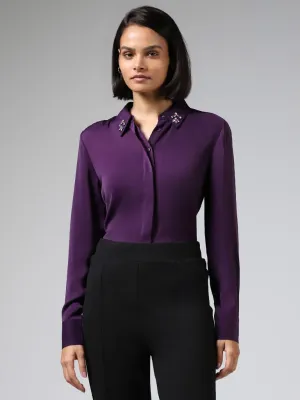 Wardrobe Dark Purple Embellished Collar Satin Shirt