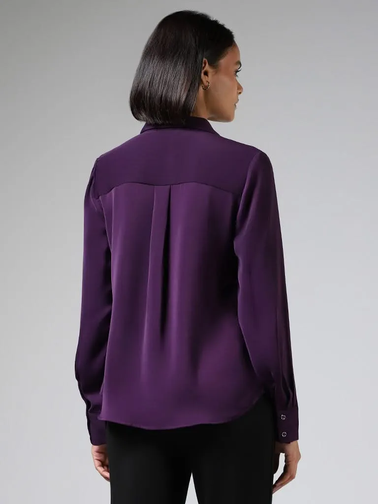 Wardrobe Dark Purple Embellished Collar Satin Shirt