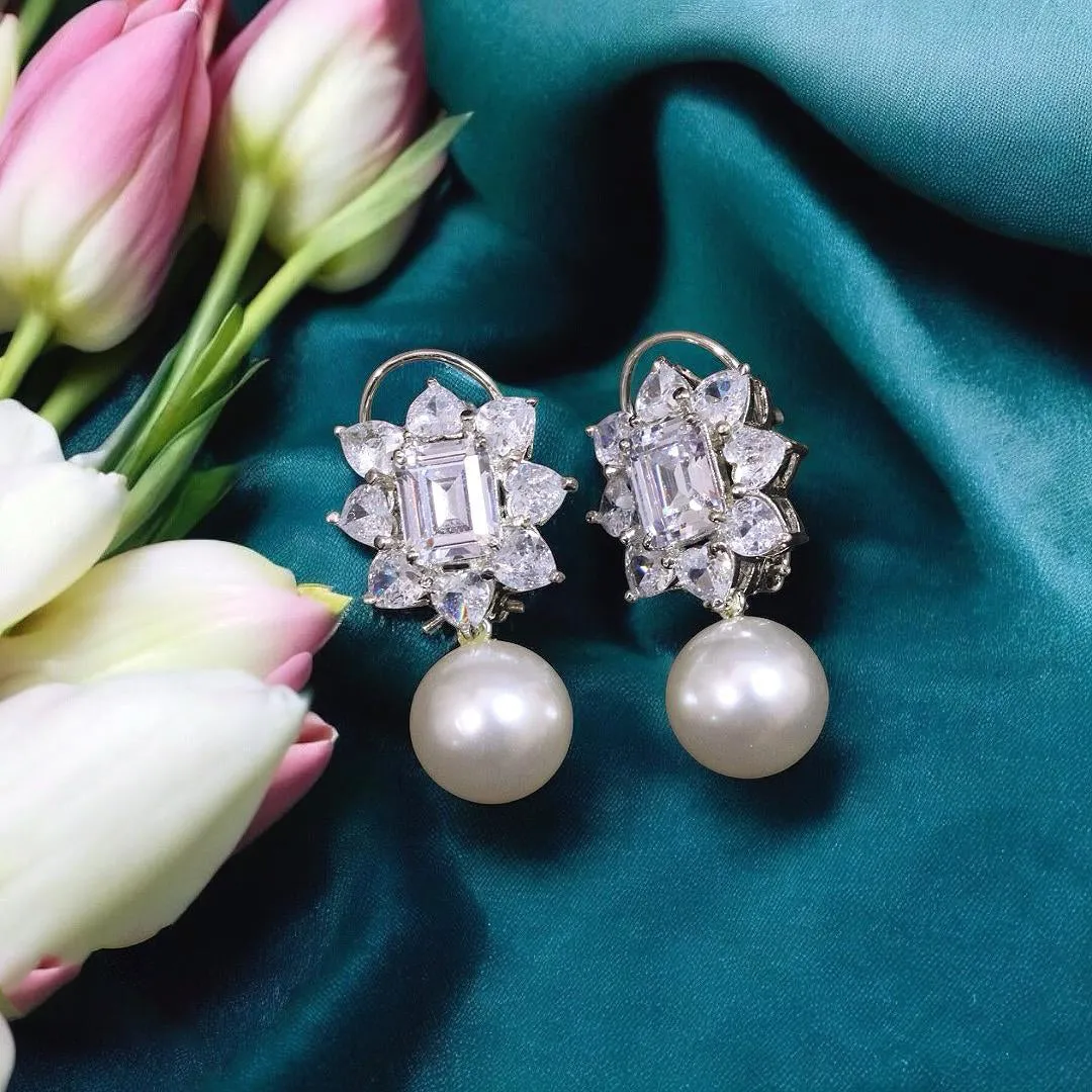 White Flower Design AD Indian Earrings Set For Women