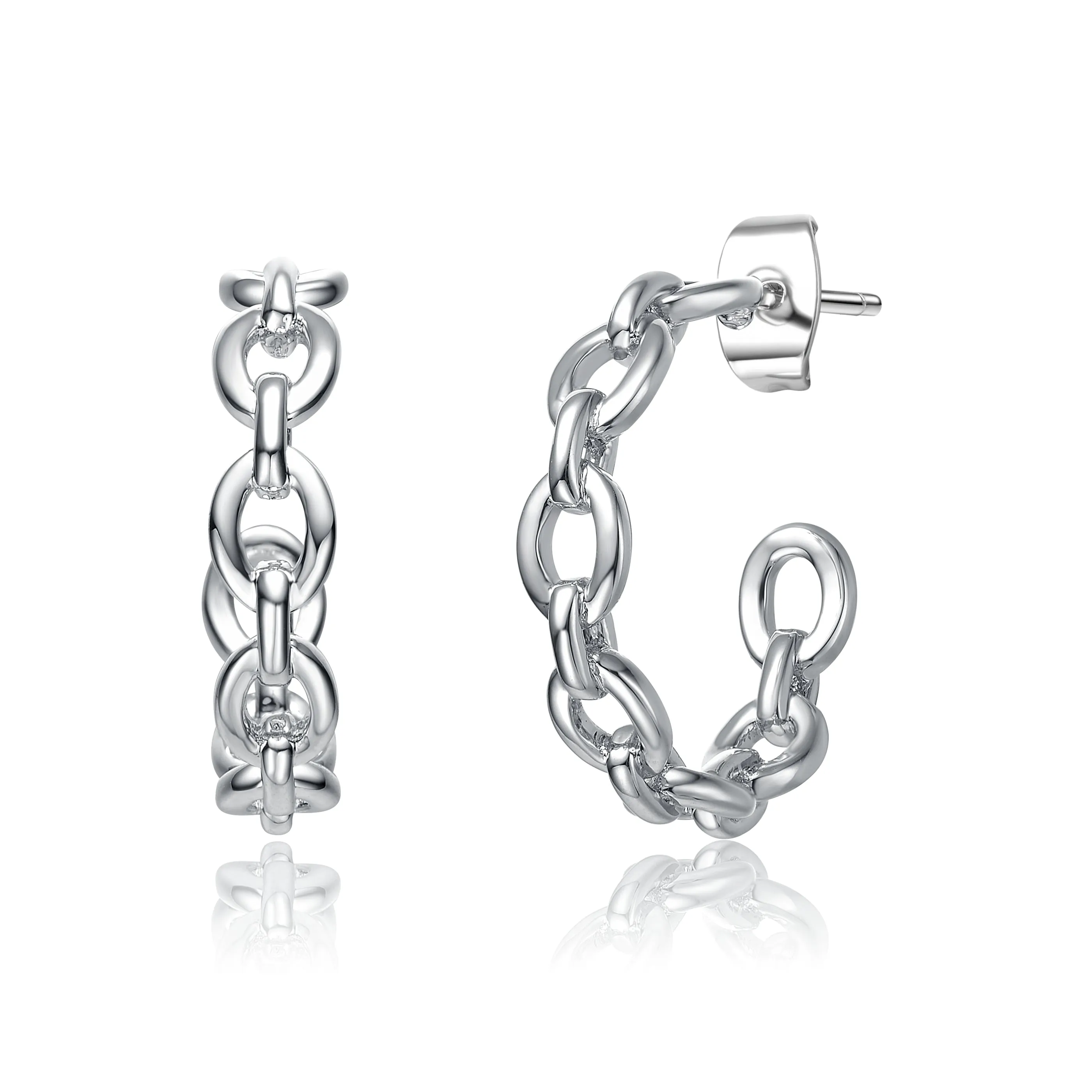 White Gold Plated Sterling Silver Modern Chain Link C-Hoop Earrings