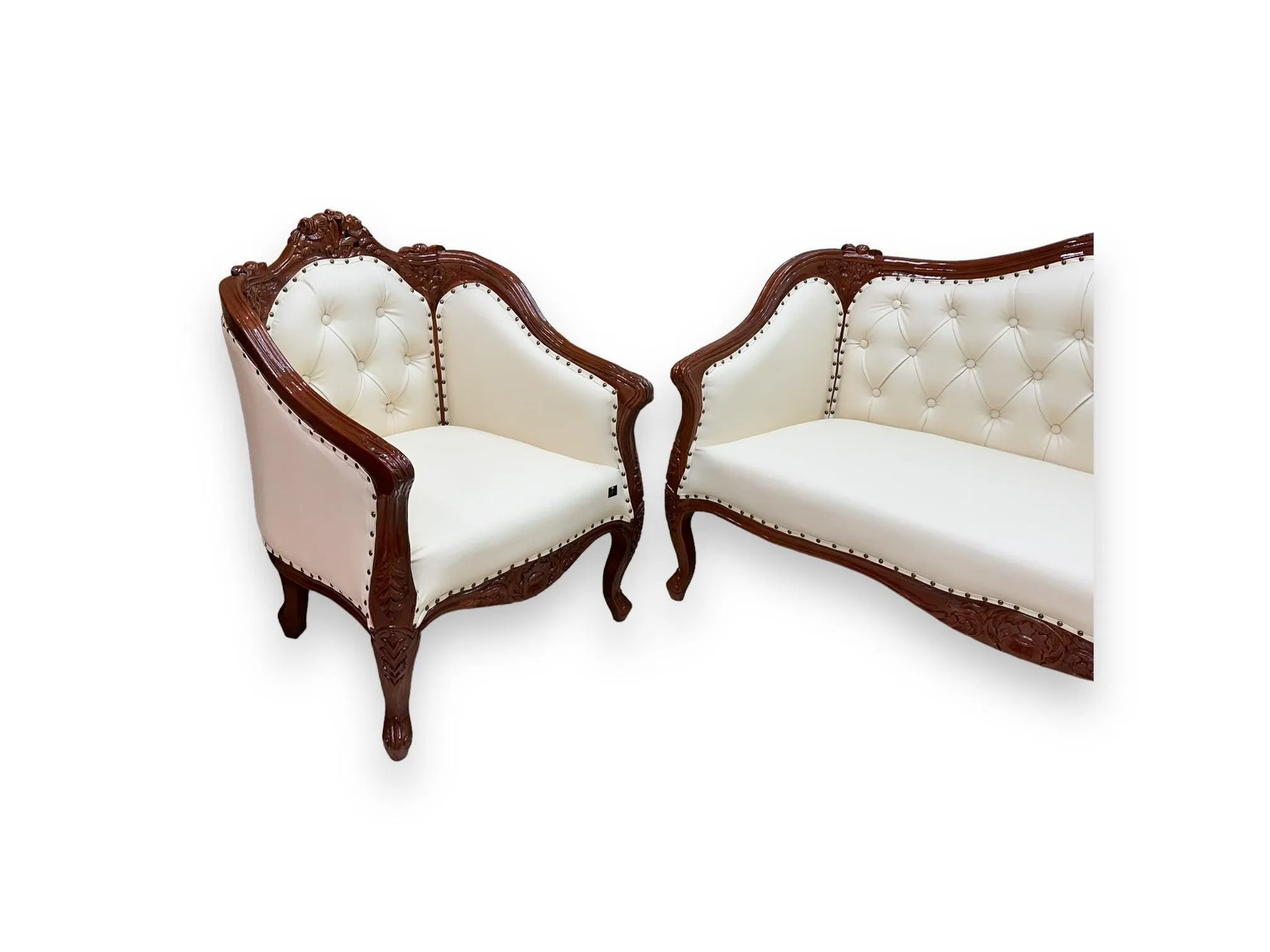 Wooden Handmade Italian Baroque Style Champagne Sofa Set 3 1 1 (Teak Wood)