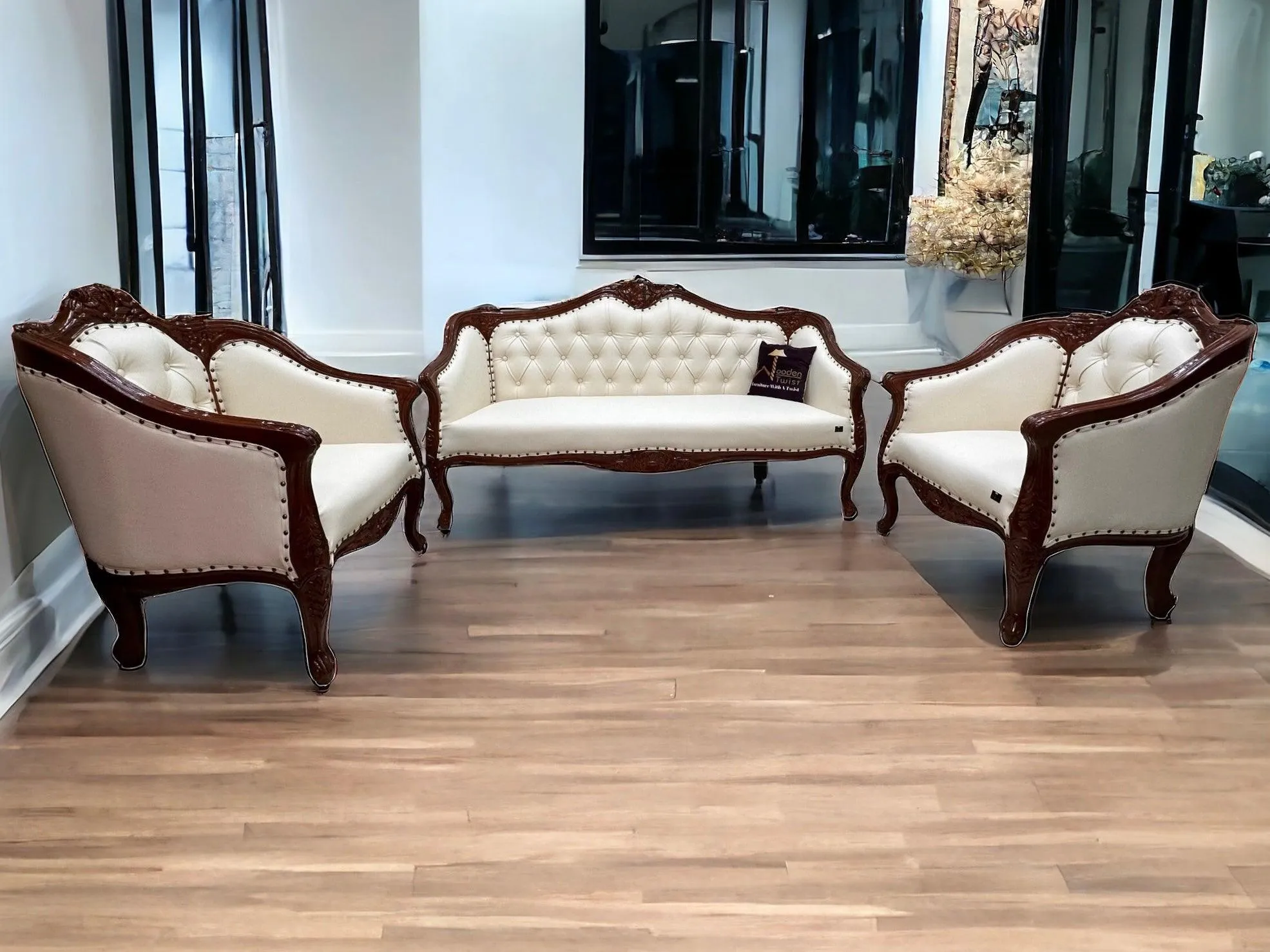 Wooden Handmade Italian Baroque Style Champagne Sofa Set 3 1 1 (Teak Wood)